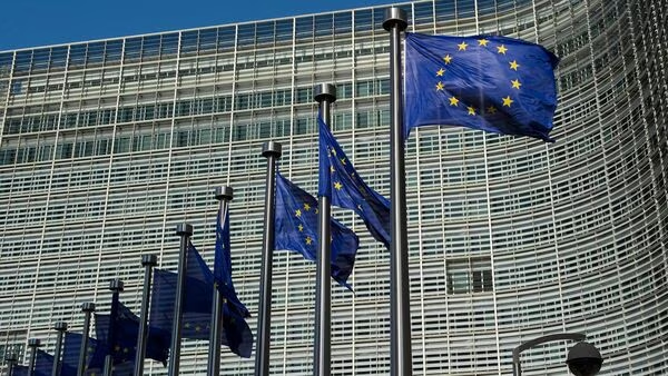 flags on the occasion of EU Budget for climate change in front of the EU building