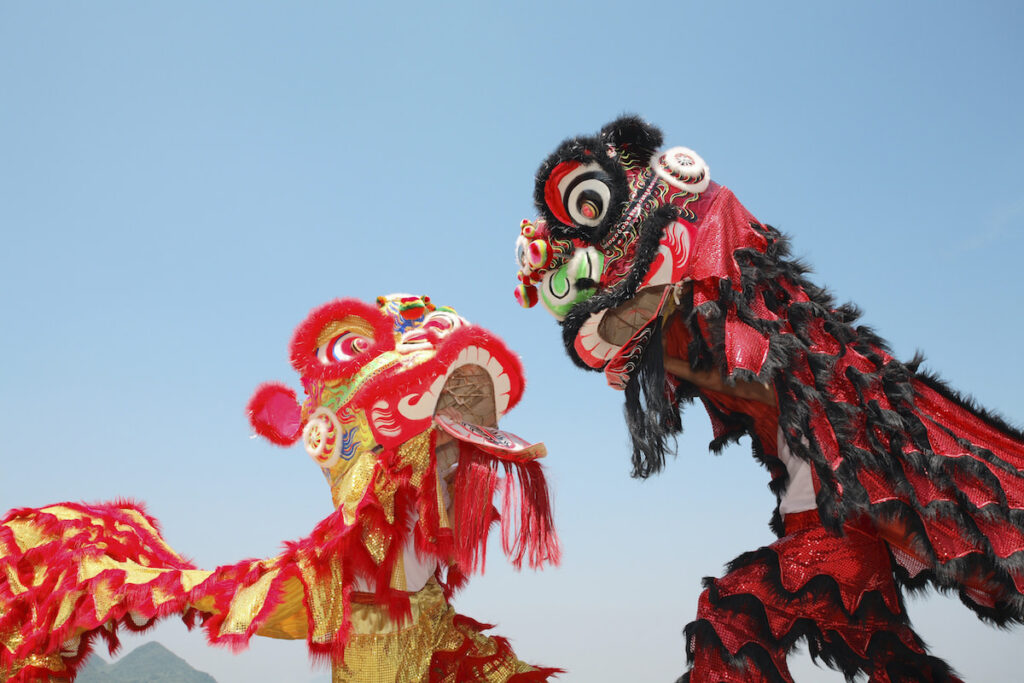 The traditional Chinese dragon dance featuring two dragons
